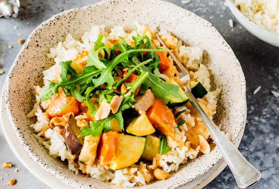 Kürbis-Erdnuss-Topf mit Jasminreis für den Thermomix®