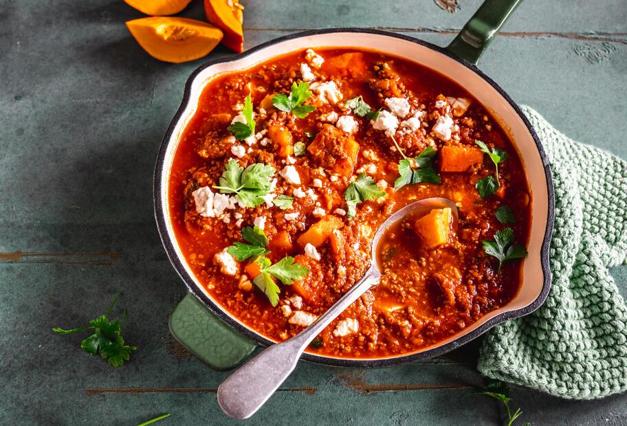 Kürbis-Hackfleisch-„Pfanne" mit Feta