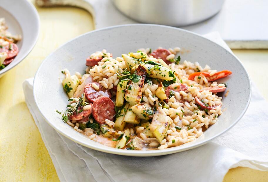 Spargelrisotto mit Chorizo