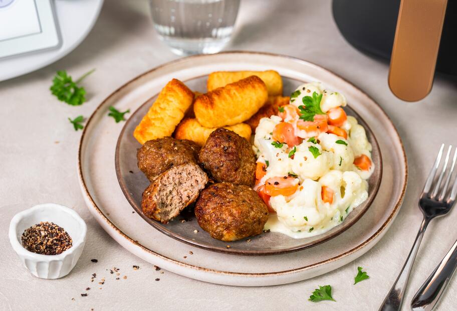 Frikadellen mit Rahmgemüse und Kroketten für den Thermomix® Frikadellen mit Rahmgemüse und Kroketten für den Thermomix®