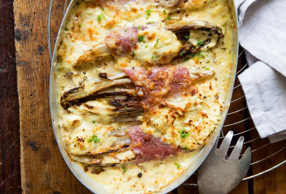 Chicorée-Gratin mit Schinken und Mascarponesoße