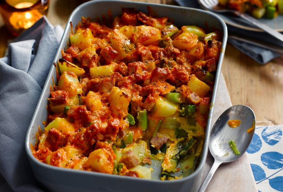 Käse-Lauch-Auflauf mit Schinken