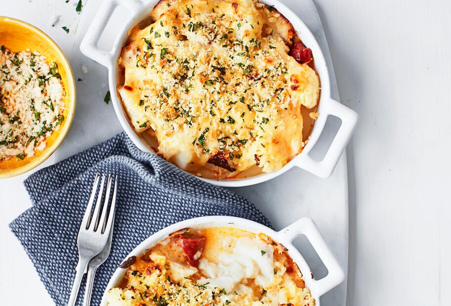 Kabeljauauflauf mit Blumenkohl und Chorizo