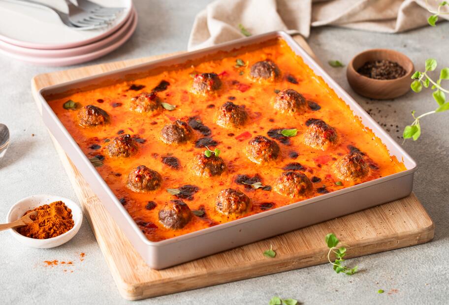 Ofen-Frikadellen mit Paprikarahm
