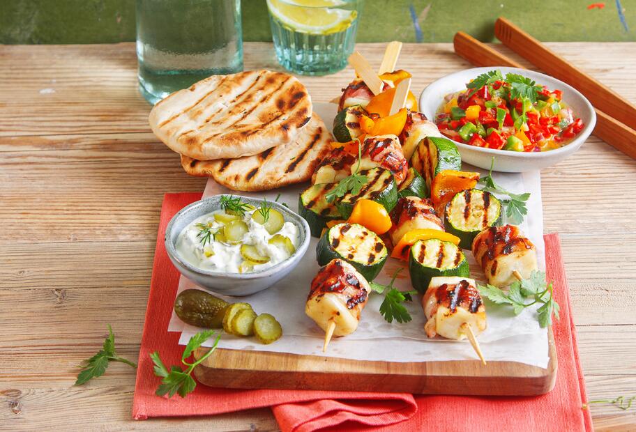 Halloumi-Bacon-Spieße mit Paprika-Salat