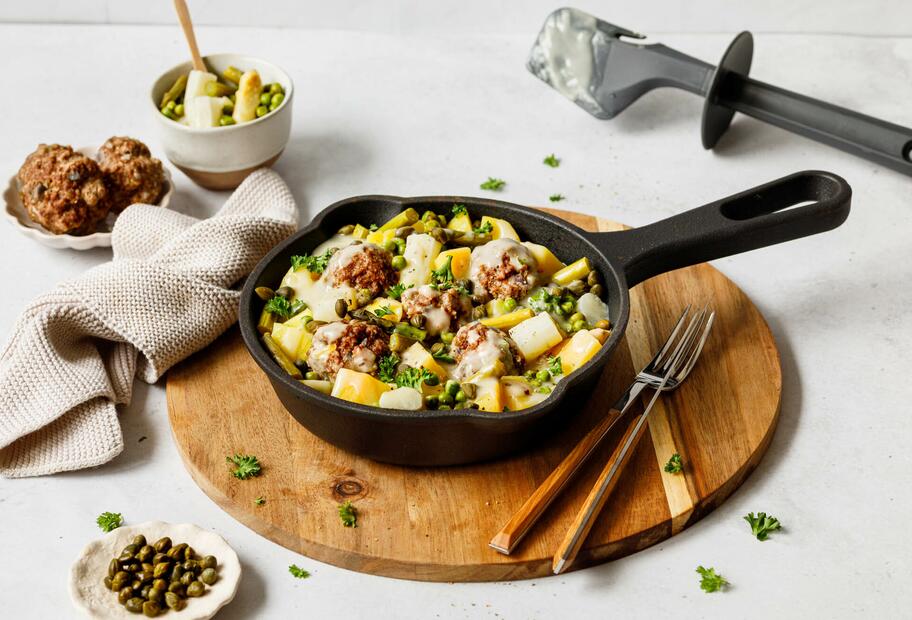 Frühlingstopf mit Hackbällchen und Spargel