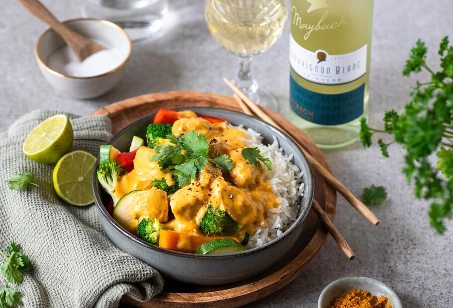 Hähnchen mit Weißweincurry und Gemüse