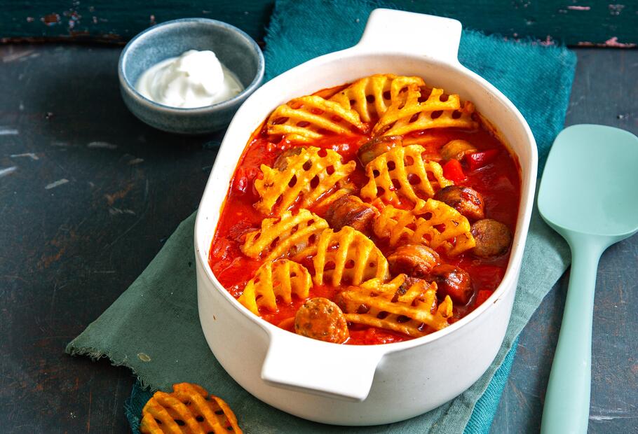 Currwurst-Ofengulasch mit Gitterpommes