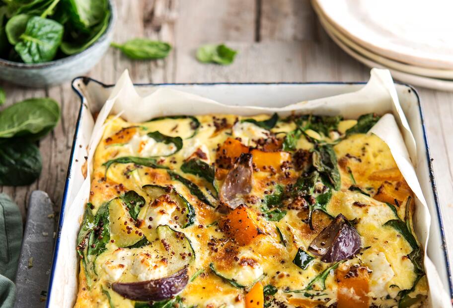 Einfache Kürbis-Spinat-Quiche mit Feta