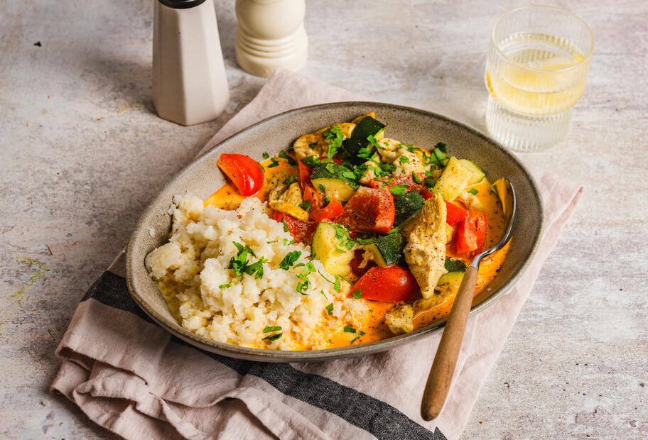 Thai-Hähnchen mit Blumenkohlreis und Currysoße