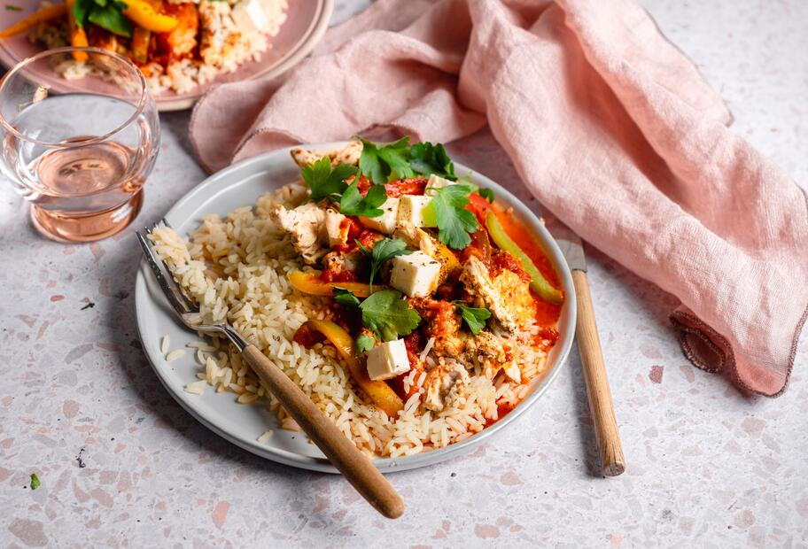 Griechisches Putengyros mit Paprika, Feta, Reis