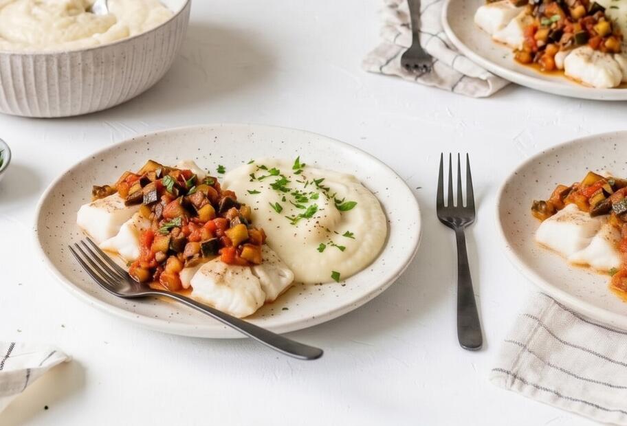 Low-Carb-Schlemmerfilet Ratatouille mit Blumenkohlpüree