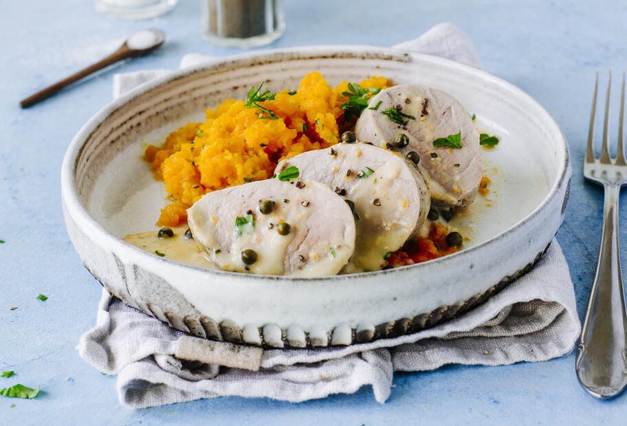 Schweinefilet mit Karottenstampf und Pfeffersoße für den Thermomix®