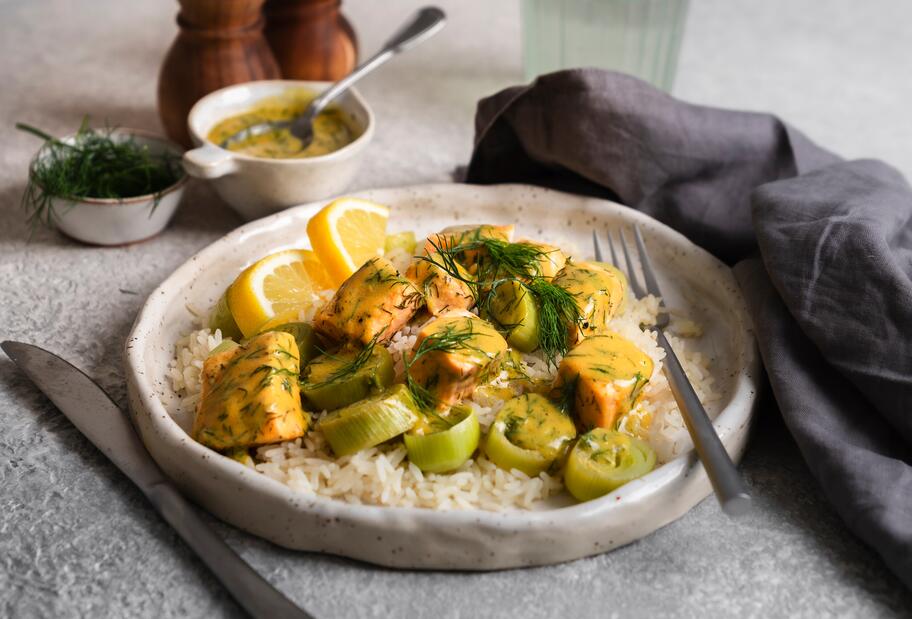 Honig-Senf-Lachs mit Reis und Lauch mit dem Thermomix®