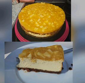 geschmacklich war er sehr gut 🤤😊 leider ist (vermutlich) die Butter aus dem Boden beim backen rund um die Springform "ausgelaufen". Eingerissen ist er auch aber durch das Topping war's nicht sichtbar.