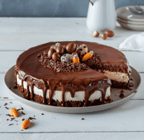 Angeschnittene Ostertorte mit Schokolade und Garnitur