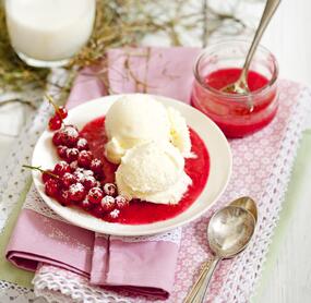 Milch-Sahne-Eis mit Soße aus Roten Johannisbeeren
