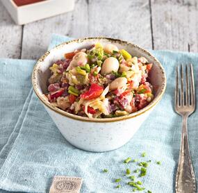 Chili-Bohnensalat mit Schinkenwürfeln