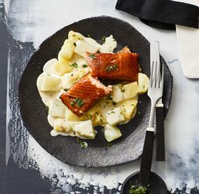 Kartoffel-Kohlrabi-Gemüse à la Crème mit Stremellachs