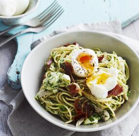 Pasta Prosciutto mit Hähnchen und gekochtem Ei