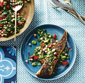 Gegrillte Makrele mit Saubohnen-Taboulé