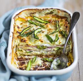 Grüne Spargellasagne mit Schinken