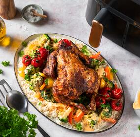 Brathähnchen mit Reis und Currysoße