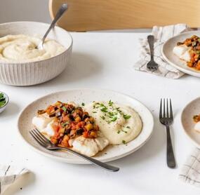 Low-Carb-Schlemmerfilet Ratatouille mit Blumenkohlpüree